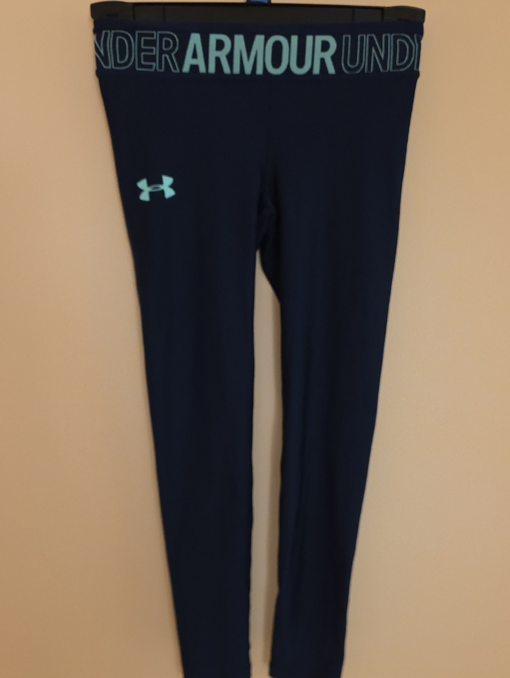 Under Armour Navy Leggings with Teal Logo and Branded Waistband